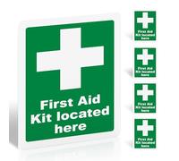 5 Pack First Aid Kit Located Here Sign 200mm x 150mm - Self-Adhesive Vinyl Safety Stickers for Indoor Outdoor Use, UV Matte Finish, BS 5499 Compliant Emergency Labels