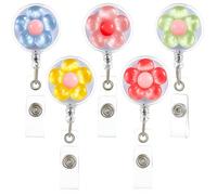 5 Pack Flower Retractable Badge Holder, Cute Flower ID Card Holder, Round Nurse Badge Reel Clip Retractable Keychain Lanyard with Key Ring for Nurse Doctor Teacher Office Volunteer