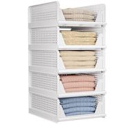 5 Pack Folding Closet Organizers Storage Box, Stackable Storage Bins, Plastic Drawer Basket Closet Storage for Wardrobe Cupboard Kitchen Bathroom Office White-5L