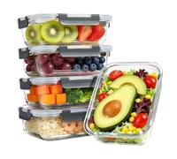 5 Pack Glass Food Storage Containers, 1040ml Glass Meal Prep Containers with Lids, Stackable Airtight Glass Meal Prep Containers, Oven, Microwave, Dishwasher Safe, Leak Resistant Glass Food Container