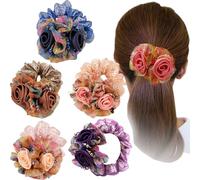 5 Pack Glitter Crystal Beads Rose Flower Scrunchies Elegant Hair Ties Elastic Hairband Ponytail Holders Floral Hair Tie Ropes Hair Accessories (Colorful)