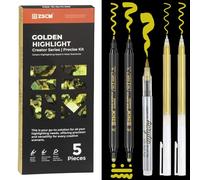 5 Pack Gold Acrylic Ink Pens for Drawing, Fine Point Gold Gel Pens, Brush Tip Markers，Dual-Tip Opaque Acrylic Markers for Black Paper Highlighting Drawing, Sketching, Illustration, Card Making