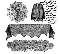 5 Pack Halloween Decorations Set, Black Cobweb Table Runner, Fireplace Scarf, Spider Web Lampshade, Round Lace Table Cloth with 36pcs 3D Bat Wall Stickers for Halloween Party Home Room Decor