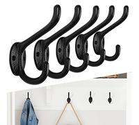 5 Pack Heavy Duty Dual Coat Hooks Wall Mounted Retro Double Hooks Utility Black No Rust Hooks for Coat, Scarf B