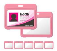 5 Pack Horizontal ID Badge Holders Pink - Heavy Duty PVC Plastic with Double-Sided Clear Pocket, Quick Scan & RFID Compatible for Work, School, Hospital