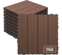 5 Pack Interlocking Decking Tiles 30 x 30cm Coffee, Composite Wood & Plastic Outdoor Flooring, Weather Resistant Click Together Garden Decking Tiles for Patio, Balcony, Walkway & Terrace