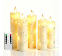 5 Pack Ivory Flameless LED Candles with Fairy Lights, Realistic Moving Flame Paraffin Wax Candles, Soft Gentle Warm Light, Remote Control, 5.5cm D x 14/15/18/20/22cm H, Indoor Home Wedding Party Decor