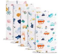 5 Pack Large Baby Muslin Squares 100% Cotton 50x25cm Muslin Cloths for Newborn, Super Soft Absorbent Face Cloths, Ideal for Wiping Cleaning Bathing- Forests, Marine Life, Trucks, Elephants, Cars