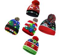 5 Pack Light-Up Flashing LED Christmas Beanie Hat for Adults, Kids - Soft Bobble Elf Hat, Baby Warm Festive Gift (Tree, Snow Man, Santa Sticks, Xmas Tree, Flying Elk)