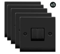 5 Pack - Matt Black 10A 2 Gang 2 Way Ingot Light Switch - Black Trim - Se Home