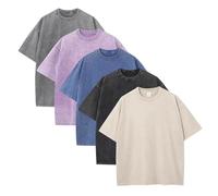 5-Pack Mens T Shirt Summer Tshirts Washed Distressing Crew Neck T-Shirts Oversized Short Sleeve Tee Shirts Lightweight Sports Tshirts Comfort Casual T-Shirt Retro Fashion Streetwear White