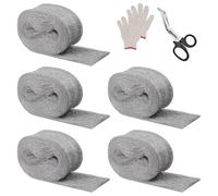 5-Pack Mice Steel Wire Wool: 15 Meter Ultra Fine Steel Wool Coarse Wire Wool Gaps Blocker with Gloves, Scissors for Keeps Mice & Rodents Away Removing Paint Varnish Rust (3m/Roll) x 5