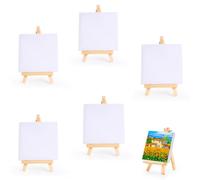 5 Pack Mini Canvas and Easel, 10 x 10 cm Canvas with 15 x 8 cm Easel, Canvas Art Boards Pre, Table Top Wooden Easel, Art Canvas Boards for Acrylic Oil Painting and Decorating