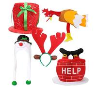5 Pack Novelty Christmas Set - Red Present, Chimney With Two Legs Sticking Out, Snowman Head, Turkey and Headband With Reindeer Antlers and Ears - Perfect for Christmas Dress Up