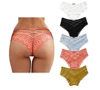 5 Pack of Cheeky Panties for Women Floral Lace Crochet Thongs Panties Back Criss Cross Bikini Panty Briefs Low Rise Hipster Knickers Scalloped Trim Underwear