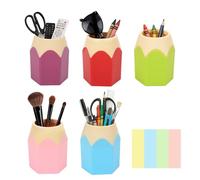 5 Pack Pencil Tip Design Pen Pots Pencil Pot Set, Plastic Pens Pencil Holder, Desk Organiser Stationery Storage Home Office Desk Tidy Organisers + 400 PCS Colorful Mini Sticky Notes Category Label