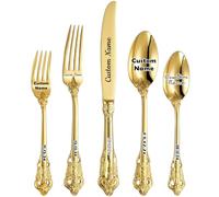 [5 Pack] Personalised Vintage Luxury Flatware Set, Customized Engraved Name Dates Stainless Steel Tableware with Gold Accents, Custom Cutlery Kit Antique Baroque Silverware Gift for Party Favors