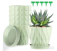 5 Pack Plastic Plant Pots with 5 Plant Labels, 5Inch/12.6CM Flower Pots with Drainage Holes and Tray, Modern Indoor Plant Pots for Succulent, Cactus, Aloe Vera and Small House Plants (Light Green)
