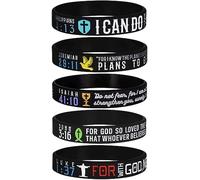 5-Pack Power of Faith Inspirational Christian Bible Verse Silicone Bracelets - Philippians 4:13, Jeremiah 29:11, Isaiah 41:10, John 3:16, Luke 1:37 - Church Gifts for Men Women, Party Favors, 8 inches
