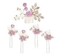 5 Pack Purple Decorative Flower Bridal Wedding Hair, 1 Flower Side Comb + 4 U-Shaped Flower Hair Pins, Purple Hair Accessories, Hair Pins, Pearl Hair Comb for Weddings