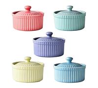 5 Pack Ramekins, Thread Design Porcelain Souffle Dishes with Lid, Macaron Color Series Ramekin, Ceramic Cup Bowl for Creme Brulee Custards Pudding Jams Sauce & Dips, Microwave & Oven Safe