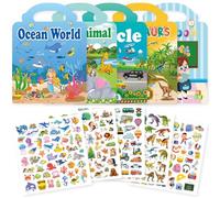 5-Pack Reusable Sticker Books for Toddlers 2-4, Puffy Stickers Activity Book with Vehicle, Dinosaur, Classroom, Wild Animal & Ocean Themes, Educational Travel Toy for Kids, Airplane & Road Trip Gift