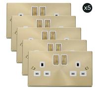 5 Pack - Satin / Brushed Brass 2 Gang 13A Dp Ingot Twin Double Switched Plug Socket - White Trim - Se Home