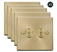 5 Pack - Satin / Brushed Brass 2 Gang 2 Way 10Ax Toggle Light Switch - Se Home