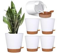 5 Pack Self Watering Plant Pots, 5.9 inch Plastic Plant Pots Set Bottom Watering Planters with Absorbent Rope & Saucer, Self Watering for Indoor Plants Minimalist Decor Outdoor Garden Flower. (White)