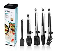 5-Pack Silicone Tongs for Cooking, 4PCS 13-Inch Cooking Kitchen Tongs with Silicone Tips,Nonstick Stainless Steel Tong for Steak Pie Pizza Pasta Spaghetti Salad BBQ Buffet,Plus Brush