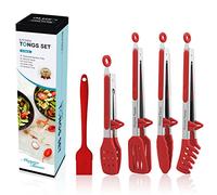 5-Pack Silicone Tongs for Cooking, 4PCS 13-Inch Cooking Kitchen Tongs with Silicone Tips,Nonstick Stainless Steel Tong for Steak Pie Pizza Pasta Spaghetti Salad BBQ Buffet,Plus Brush