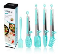5-Pack Silicone Tongs for Cooking, 4PCS 13-Inch Cooking Kitchen Tongs with Silicone Tips,Nonstick Stainless Steel Tong for Steak Pie Pizza Pasta Spaghetti Salad BBQ Buffet,Plus Brush