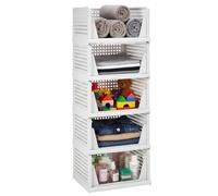5 Pack Stackable Wardrobe Storage Organiser Drawers, Foldable Hollow Design Plastic Basket Shelves with Sliding Track for Clothes, Toys & Snacks, Space Saving Unit for Bedroom, Bathroom and Kitchen