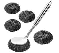 5 Pack Steel Wool Scrubber,Stainless Steel Wool Dish Scouring Pads with Handle and 4 Replacement Steel Scrubber Pads for Cleaning Cast Iron, Dishes, Kitchen Pots, Pans, Grills, Stoves, Sink