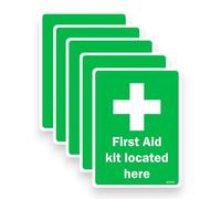 5 Pack - Sticker Gold 9cm X 12cm First AID KIT Located HERE Self Adhesive Stickers - Notice, Saftey Sign, Decal SG049