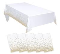 5 Pack White and Gold Tablecloths, 54"x108" Plastic Table Cloth Disposable for Rectangle Tables, White Tablecloths for Parties, Party, Wedding, Baptism Decorations, Engagement Party Decorations