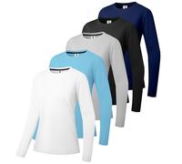 5 Pack Women's Cotton Long Sleeve T-Shirts Round Neck Moisture Wicking Shirts Comfortable Casual Tops Navy Blue/Black/Grey/Aqua blue/White-5P04-M