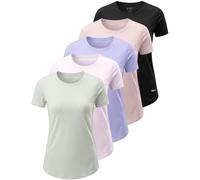 5 Pack: Women's Dry Fit Short Sleeve T Shirts, Athletic Workout Tee Tops for Gym Yoga Running, Black/Light Pink/Lilac/Pale Pink/Light Olive, XL