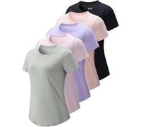 5 Pack: Women's Dry Fit Short Sleeve T Shirts, Athletic Workout Tee Tops for Gym Yoga Running, Black/Light Pink/Lilac/Pale Pink/Light Olive, XXL