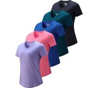 5 Pack: Women's Dry Fit Short Sleeve T Shirts, Athletic Workout Tee Tops for Gym Yoga Running, Blue/Black/Dark Teal/Bright Pink/Light Lavender, L