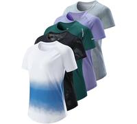 5 Pack: Women's Dry Fit Short Sleeve T Shirts, Athletic Workout Tee Tops for Gym Yoga Running, Camo/Gray/Lilac/Gradient/Dark Teal, XL