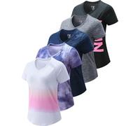 5 Pack: Women's Dry Fit Short Sleeve T Shirts, Athletic Workout Tee Tops for Gym Yoga Running, Navy/Black/Dark Gray/Printed/White Gradient, XXL