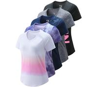 5 Pack: Women's Dry Fit Short Sleeve T Shirts, Athletic Workout Tee Tops for Gym Yoga Running, Navy/Black/Dark Gray/Printed/White Gradient, XL