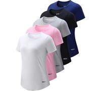 5 Pack: Women's Dry Fit Short Sleeve T Shirts, Athletic Workout Tee Tops for Gym Yoga Running, Navy/Black/White/Light Pink/Light Gray, M