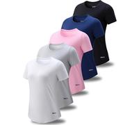 5 Pack: Women's Dry Fit Short Sleeve T Shirts, Athletic Workout Tee Tops for Gym Yoga Running, Navy/Black/White/Light Pink/Light Gray, XXL