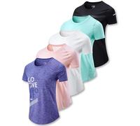 5 Pack: Women's Dry Fit Short Sleeve T Shirts, Athletic Workout Tee Tops for Gym Yoga Running, Pink/White/Black/Purple/Turquois, M