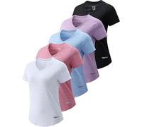 5 Pack: Women's Dry Fit Short Sleeve T Shirts, Athletic Workout Tee Tops for Gym Yoga Running, Rose Pink/Lavender/White/Blue/Black, L