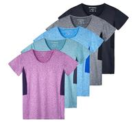 5 Pack: Womens Quick Dry Fit Dri Fit Active Wear Yoga Workout Athletic Tops Essentials Clothes Running Gym Zumba Exercise Ladies Short Sleeve Crew Scoop Neck Moisture Wicking Tees T-Shirt - Set 4,M