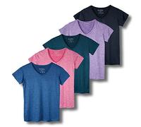 5 Pack: Womens V Neck T-Shirt Ladies Yoga Top Athletic Tees Active Wear Gym Workout Zumba Exercise Running Essentials Quick Dry Fit Dri Fit Moisture Wicking Basic Clothes - Set 7,XXL