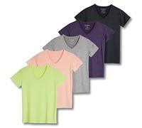5 Pack: Womens V Neck T-Shirt Ladies Yoga Top Athletic Tees Active Wear Gym Workout Zumba Exercise Running Essentials Quick Dry Fit Dri Fit Moisture Wicking Basic Clothes - Set 11, S